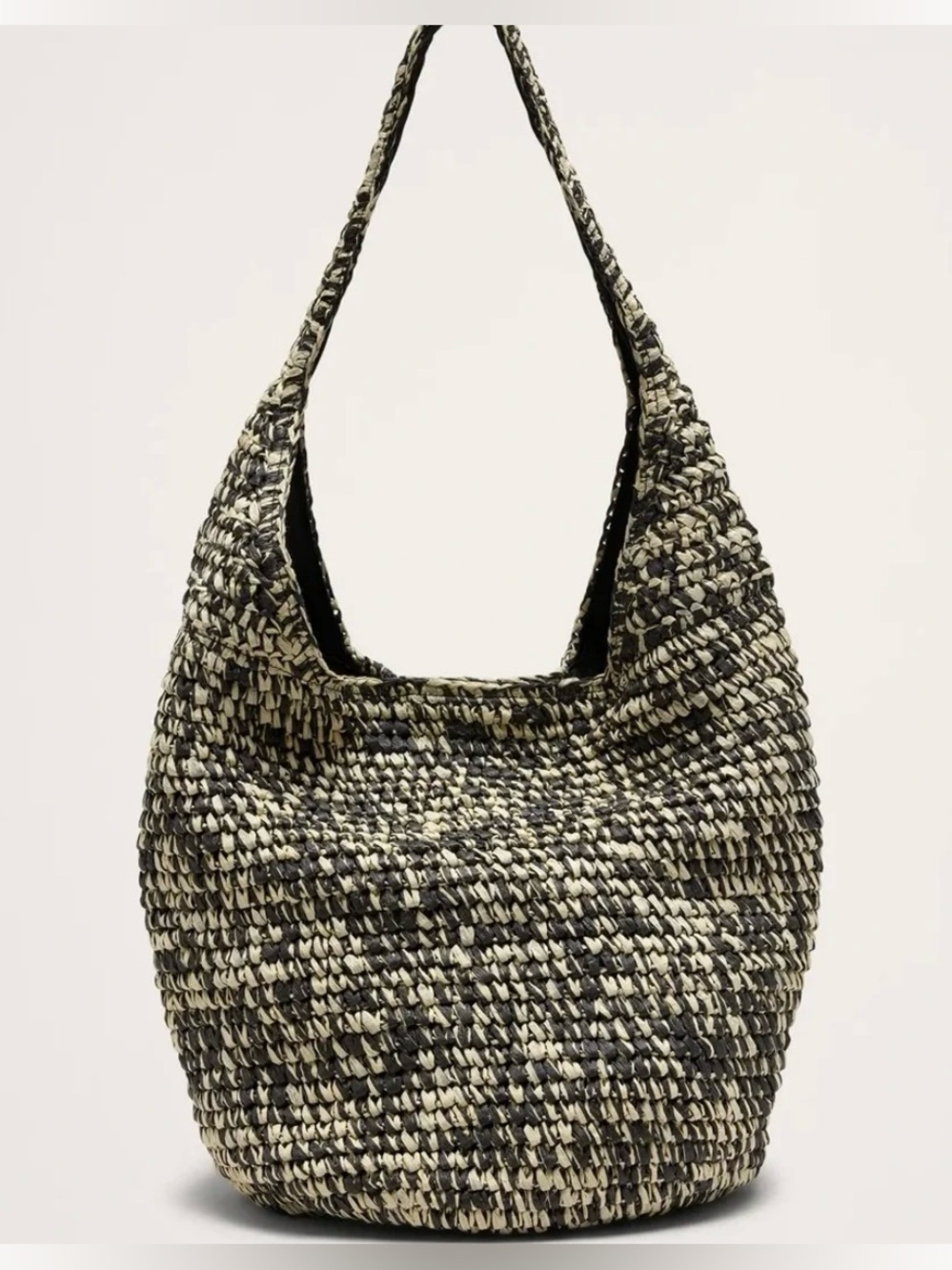 Banana Republic Marled Raffia Tote Bag Straw Hobo Purse Black White Slouchy Boho